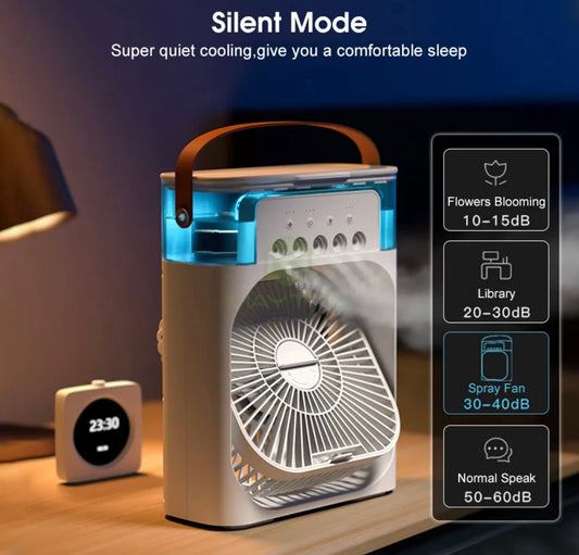 Portable Air Conditioner Fan, Humidifier, USB electric Fan, water mist, three in 1 air cooler, fan small, desktop cool humidifier, colors LED lights, hours, speed spray for room, office, home , mini portable