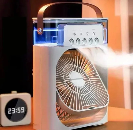 Portable Air Conditioner Fan, Humidifier, USB electric Fan, water mist, three in 1 air cooler, fan small, desktop cool humidifier, colors LED lights, hours, speed spray for room, office, home , mini portable