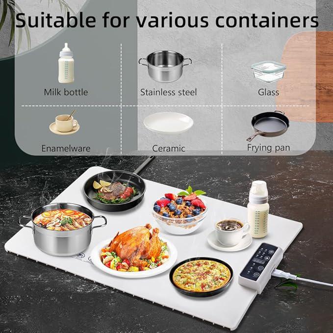 Portable Electric Warming Mat, Silicone Food Warmer with 3 Temperature Settings, Safe Child Lock, Roll Up Buffet Hot Plates Heat Pad for Parties, Fast Heating Pads for Food, Pizza Coffee Tea Heater Meat Defrosting Tray Adjustable Temperature
