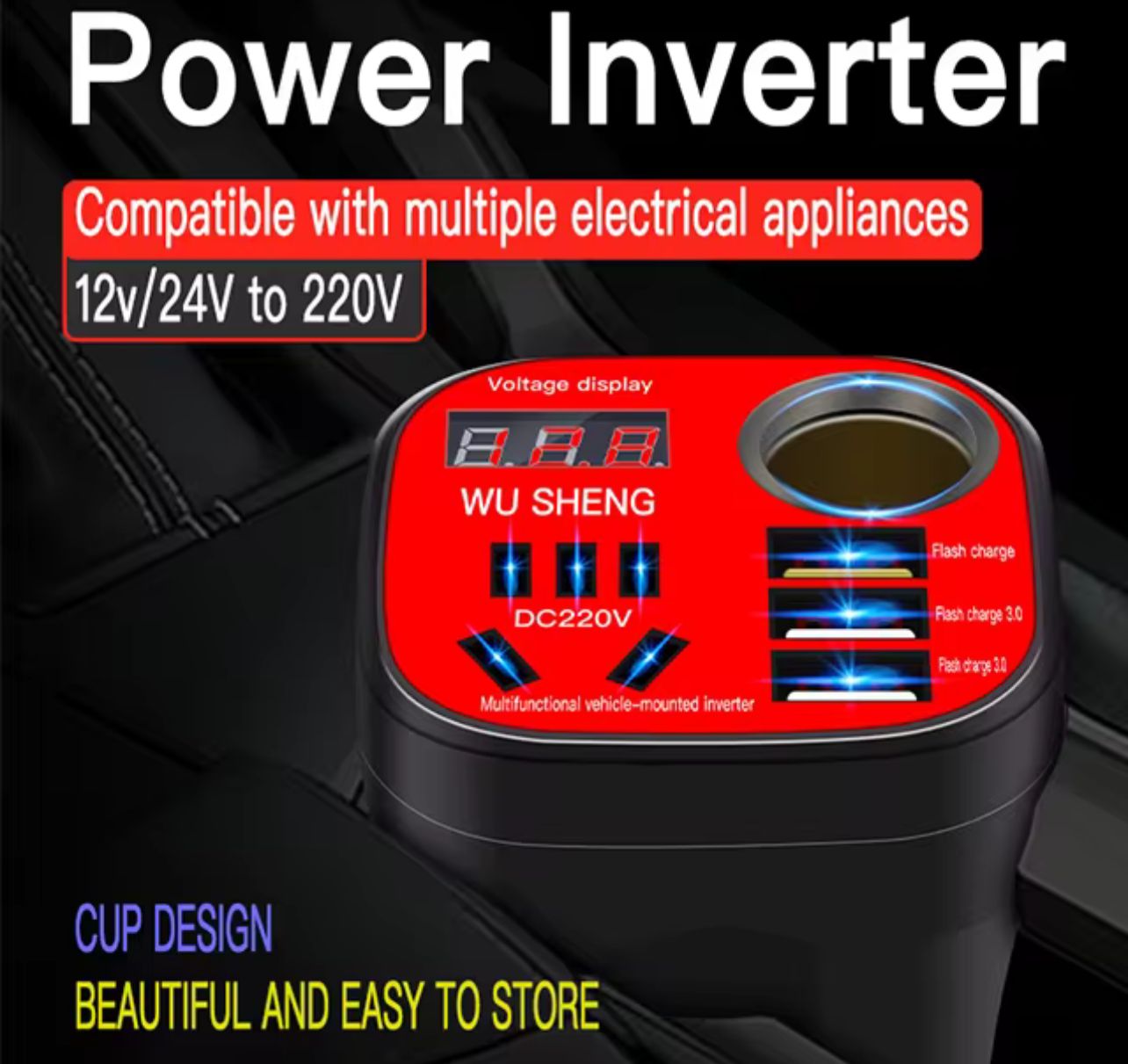 Car Mounted Cap Type Inverter ABS 12V DC To 220V AC Streamlined