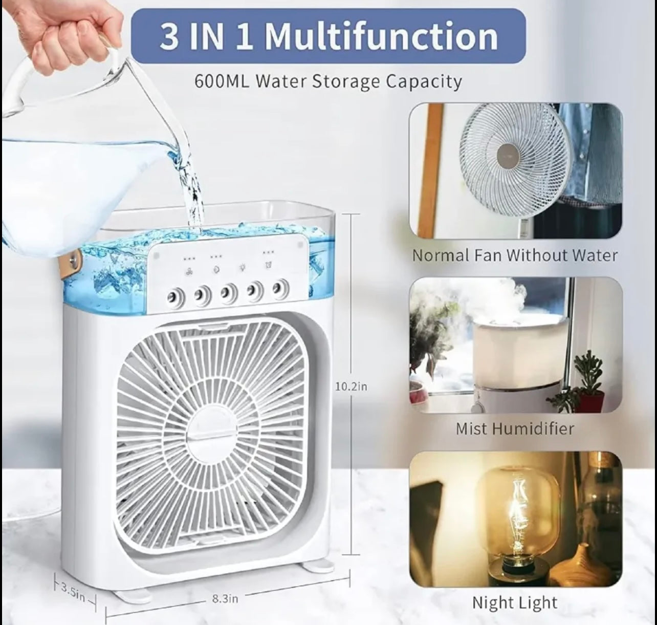 Portable Air Conditioner Fan, Humidifier, USB electric Fan, water mist, three in 1 air cooler, fan small, desktop cool humidifier, colors LED lights, hours, speed spray for room, office, home , mini portable