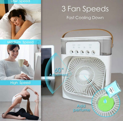 Portable Air Conditioner Fan, Humidifier, USB electric Fan, water mist, three in 1 air cooler, fan small, desktop cool humidifier, colors LED lights, hours, speed spray for room, office, home , mini portable