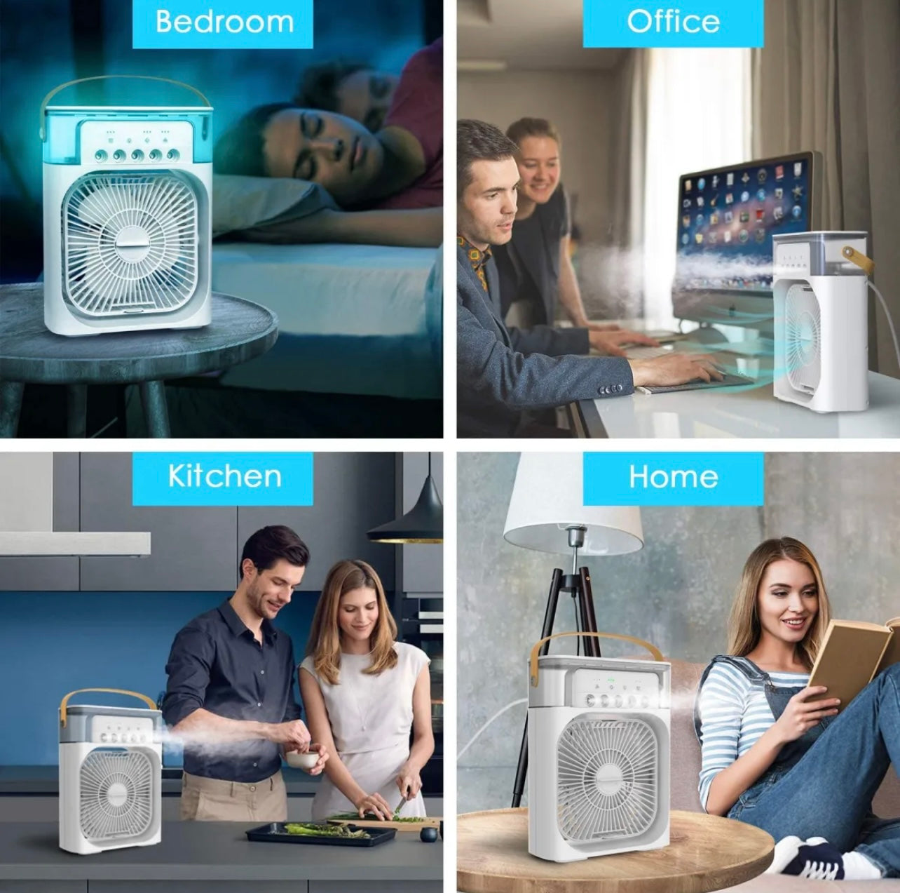 Portable Air Conditioner Fan, Humidifier, USB electric Fan, water mist, three in 1 air cooler, fan small, desktop cool humidifier, colors LED lights, hours, speed spray for room, office, home , mini portable