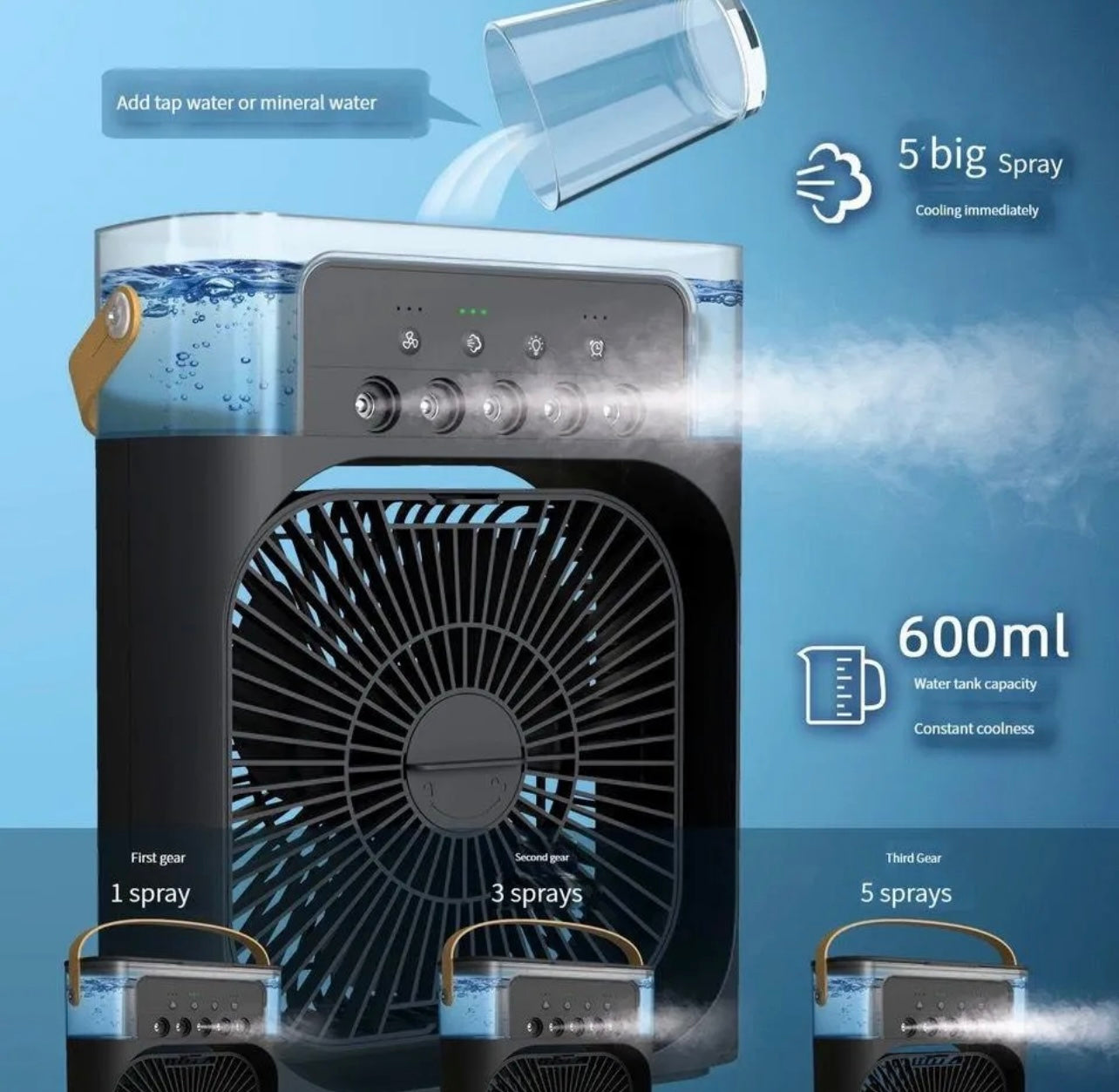 Portable Air Conditioner Fan, Humidifier, USB electric Fan, water mist, three in 1 air cooler, fan small, desktop cool humidifier, colors LED lights, hours, speed spray for room, office, home , mini portable