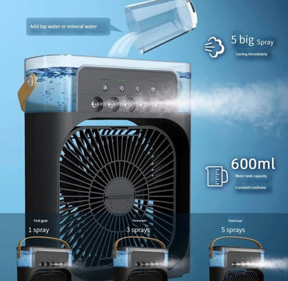 Portable Air Conditioner Fan, Humidifier, USB electric Fan, water mist, three in 1 air cooler, fan small, desktop cool humidifier, colors LED lights, hours, speed spray for room, office, home , mini portable